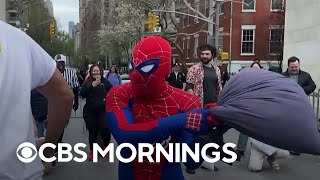 New Yorkers celebrate return of International Pillow Fight Day [upl. by Llecram]