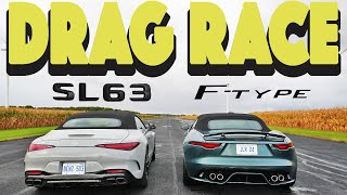 Roadster Battle 2023 MB SL63 AMG vs 2023 Jaguar F Type R drag and roll race [upl. by Lashoh328]