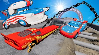 Long amp big chained Cars McQueen and Mater downhill without brakes BeamNGDrive [upl. by Amikahs106]