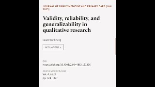 Validity reliability and generalizability in qualitative research  RTCLTV [upl. by Etsirk]