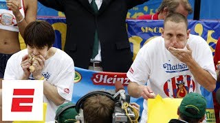 Joey Chestnut beats Takeru Kobayashi to win 2007 Nathans Hot Dog Eating Contest  ESPN Archive [upl. by Leirbag]