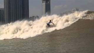 Surfing the Silver Dragon Tidal Bore Qiatang River China 2011 [upl. by Radburn]