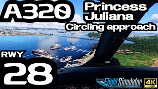 4K Princess Juliana Circling approach RWY28 A320 cockpit view  Microsoft Flight Simulator [upl. by Nnylecoj]