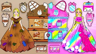 Paper Dolls Dress Up  Rainbow Rapunzel VS Poor Rapunzel Quietbook  Barbies New Home Handmade [upl. by Oswal]