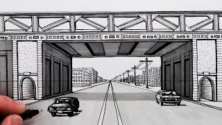 How to Draw using 1Point Perspective Road and Bridge [upl. by Dnomasor727]