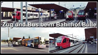 Busse und Züge beim Normal und Schmalspur Bahnhof Bulle  Kanton Freiburg  Schweiz 2023 [upl. by Sidwel]