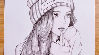 Easy step by step drawing tutorial  A girl wearing a winter hat  Pencil Sketch for beginners [upl. by Elum]