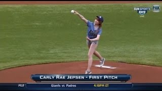 Carly Rae Jepsen Baseball Pitch Video  Worst Throw Ever [upl. by Ahsirpac]