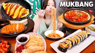 OUTDOOR MUKBANG 아침부터 김가네 털고왔어요😘 치즈불닭쫄면 치즈돈까스 킹크래미와사비김밥 라면 오므라이스 비빔만두 먹방♥️ Korean snacks♥️ [upl. by Laurette]