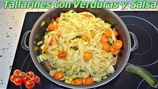 Tallarines con Verduras y Salsa  Pasta con Calabacines Tomates Cherrys y Piñones [upl. by Vickie]