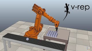 Pick and place application with KUKA KR16 robot using vrep CoppeliaSim and Matlab [upl. by Eilsil]