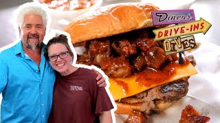 Guy Fieri Eats the BOSS Burger with Rib Candy in Mobile  Diners DriveIns and Dives  Food Network [upl. by Delfine430]