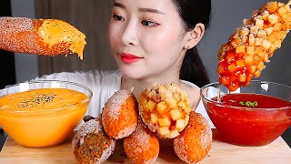 명랑핫도그 체다치즈소스 칠리소스 리얼사운드먹방CHEESY CORN DOG Extra Cheddar Cheese and Sweet Chili Sauce ホットドック Hotdog热狗 [upl. by Anillehs949]