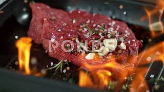 Super Slowmotion Footage Of Throwing Fresh Beef Meat On Ignited Pan 1000Fps 4K [upl. by Adranoel]