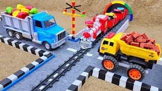 Crane truck rescue construction vehicle and sand leveling with excavator dump truck  Toy car story [upl. by Nalor643]