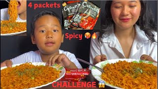 SPICY 2X CURRENT NOODLE CHALLENGE 🥵🔥 4 PACKETS CURRENT NOODLE YUMMY 😂 [upl. by Amak]