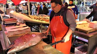 Great Skills Cutting a Whole Huge Tuna Fish Market in Catania Sicily Street Food of Italy [upl. by Yarw]