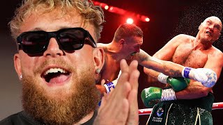 Jake Paul REACTS to Usyk DROPPING amp BEATING Tyson Fury by Split Decision to become UNDISPUTED [upl. by Notniuqal325]