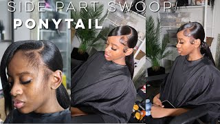 SLEEK SIDE PART SWOOP EXTENDED PONYTAIL TUTORIAL NATURAL HAIR  iamroxybennett ponytails [upl. by Redan]