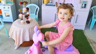 Little girl salia rides her pink minnie mouse scooter to get a cupcake  Pretend play with mum [upl. by Idnic]