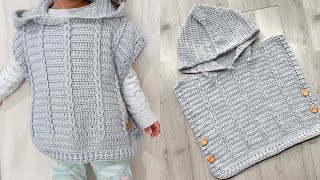 🧶Poncho con capucha tejido a CROCHET para niño o niña Varias tallas👍🏽CROCHET hooded hat [upl. by Tterrab]