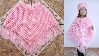 Como tejer el poncho N°28 a crochet en punto PANAL DE ABEJA para niñas y con lana gruesa paso a paso [upl. by Niatsirt193]