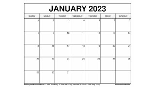 Printable January 2023 Calendar Templates with Holidays  VL Calendar [upl. by Magas]