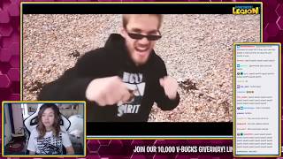 Pokimane react to bitch lasagna feat pewdiepie priceless 100subs giveaway [upl. by Onibag]