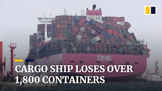 Cargo ship ONE Apus loses more than 1800 containers in Pacific storm [upl. by Llednahs]