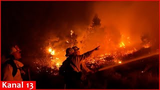 As wildfires burn in California firefighters work to contain the flames [upl. by Nyrehtac]