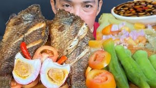 Fried Tilapia at Veggies Mukbang Asmr  Filipino Food Mukbang Philippines [upl. by Anawik]