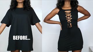 DIY Lace Up Bodycon Dress  TShirt Transformation [upl. by Enillebyam]