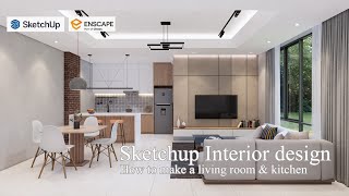 Sketchup interior design 55 How to make a living room and kitchen design render enscape [upl. by Philcox263]