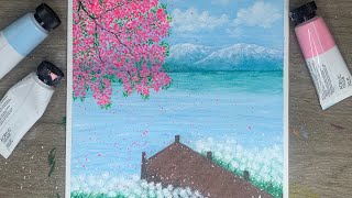 Acrylic Painting for Beginners  A Peaceful Morning Over Lake Scenery Painting [upl. by Llenehc]