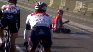 KuurneBrusselKuurne 2016  Stig Broeckx hit by a motor bike [upl. by Anelra152]