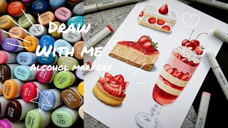 Draw with me Strawberry desserts  Alcohol marker illustration [upl. by Anelhtak]