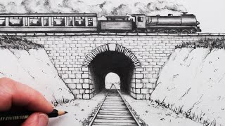 How to Draw using 1Point Perspective Train Track and Tunnel [upl. by Anoirtac]