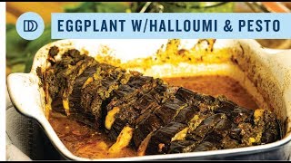 Hasselback Roasted Eggplant GreekStyle with Halloumi amp Spinach Pesto [upl. by Doe]