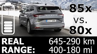 Skoda Enyaq 85x vs 80x highway real range energy power consumption economy mpkWh kWh100km city SUV [upl. by Trent]