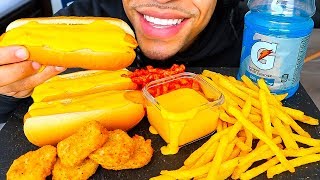 ASMR EATING CHEESY HOT DOGS CHICKEN NUGGETS HOT CHEETOS FRIES WITH CHEESE MUKBANG JERRY NO TALKING [upl. by Rosalinda466]