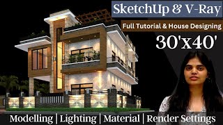 Exterior House Design with SketchUp with Vray  Modelling  Lighting  Material  Render Settings [upl. by Trixi]