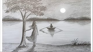 How to draw scenery of Moonlight night by pencil sketch step by step [upl. by Aeniah]