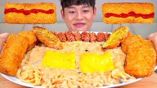 SUB 꾸덕꾸덕 투움바크림중화면과 칼집소세지 마늘빵 생선까스 해쉬브라운 먹방 Creamy Noodles With Hash Brown Sausage Baguette MuKBang [upl. by Inga]