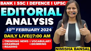 Editorial Analysis  10th February 2024  Vocab Grammar Reading Skimming  Nimisha Bansal [upl. by Nauqes]