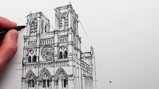 How to Draw Notre Dame Cathedral Buildings in Perspective [upl. by Trimble]