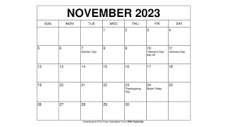 Printable November 2023 Calendar Templates With Holidays  Wiki Calendar [upl. by Russom]