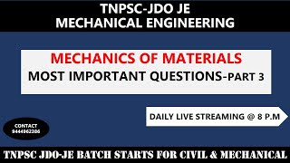 TNPSC  SSC JE  JDO  MECHANICS OF MATERIALS  MECHANICAL ENGINEERING  IMPORTANT QUESTION PART3 [upl. by Airamana]