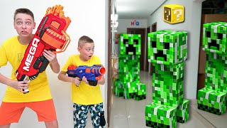 NERF Gun Game Minecraft Creeper Invasion Finds Us in Real Life [upl. by Atinrahc]