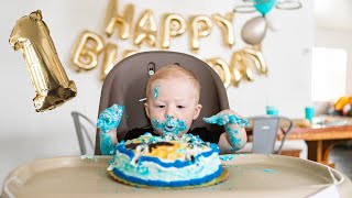 OUR BABY IS ONE  HAPPY BIRTHDAY COHEN FIRST BIRTHDAY PARTY CAKE SMASH [upl. by Lessard]