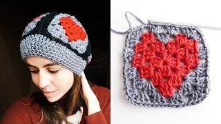 GORRO con GRANNY SQUARES granny square de CORAZÓN  Tutorial paso a paso  Ahuyama Crochet [upl. by Oir]